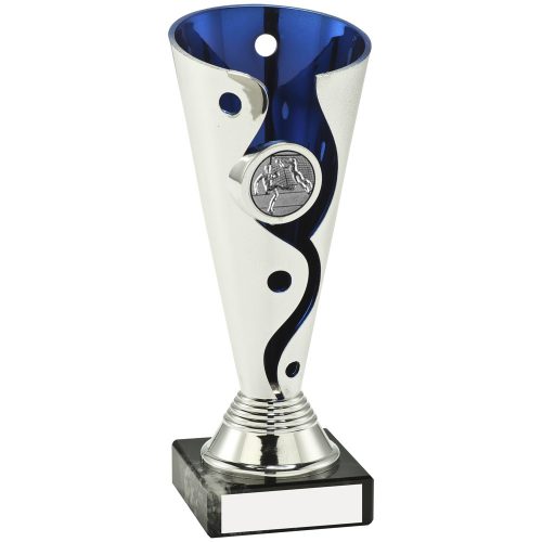 AT05 SILVER/BLUE PLASTIC FOOTBALL TROPHY