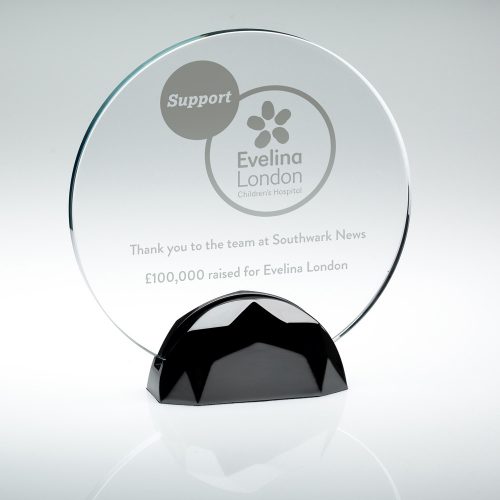 Clear Glass Round Plaque on Black Base